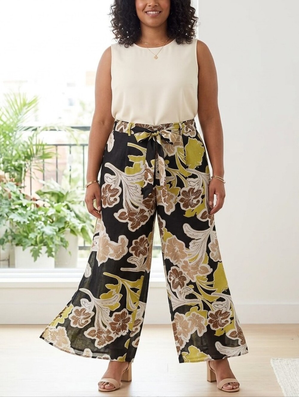 Her Destiny Wide-Leg Palazzo Pant Black/Yellow Floral Print Plus Size 2X